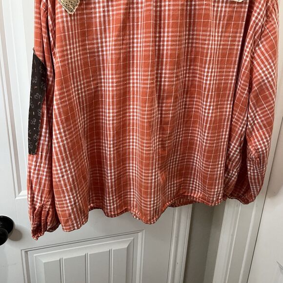 Universal Thread Orange Plaid Mixed Print Sewn Patchwork Custom Top Womens Sz L - Picture 10 of 11